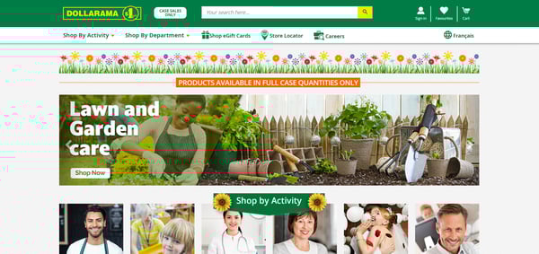 Die Webseite von Dollarama in Beige- und Grünt?nen mit einem Menü voller verschiedener Produktkategorien und Bannern, die die Bedeutung von Einzelhandel und Einzelh?ndlern darstellen.