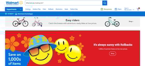 Die Webseite von Walmart als Einzelhandelsunternehmen zeigt die Zielseite von Walmart mit unterschiedlichen Produktkategorien in den T?nen Blau und Wei?, den charakteristischen Farben von Walmart.