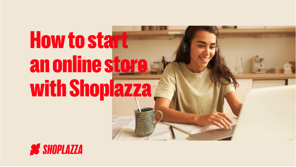 Imagem da capa com as palavras How to start an online store with Shoplazza (Como abrir uma loja on-line com a Shoplazza), o logotipo da Shoplazza e uma foto de uma mulher com cabelos longos, sentada em uma mesa e usando um laptop.
